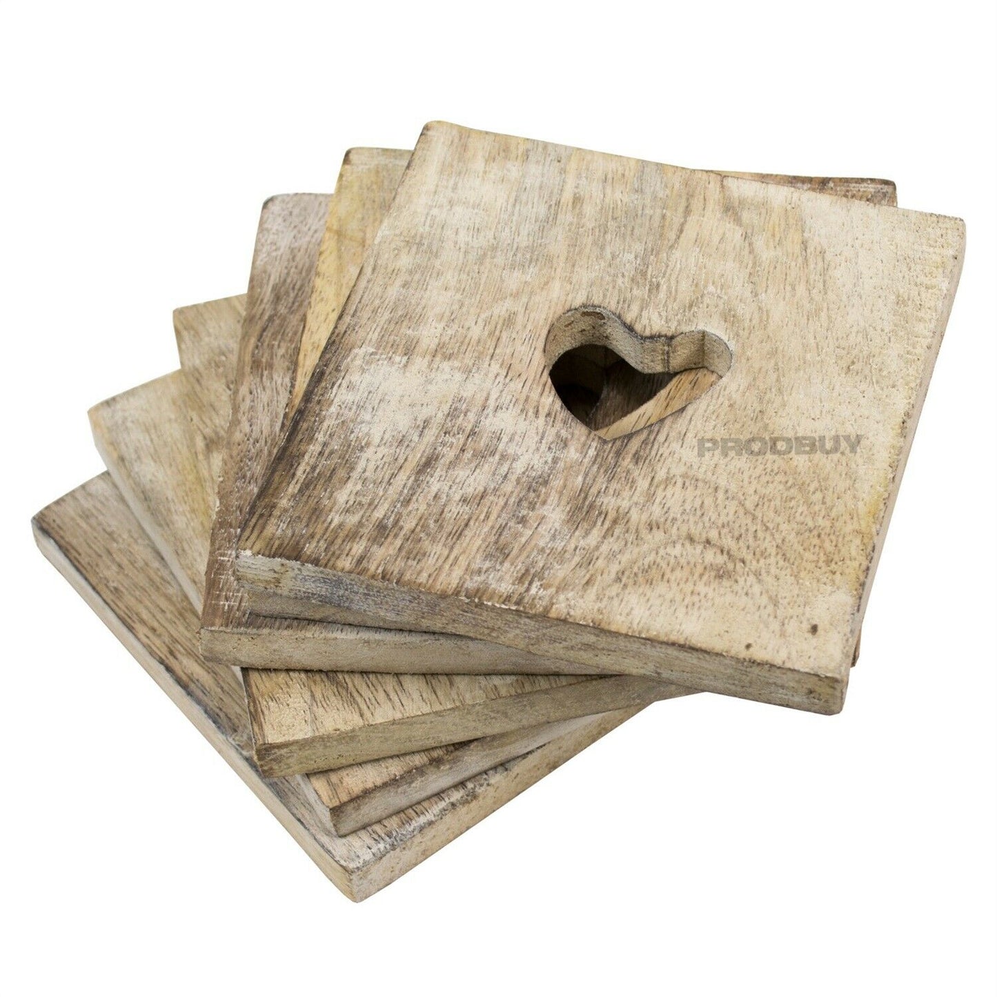 Set of 6 Square Heart Wooden Drinks Coasters with Holder