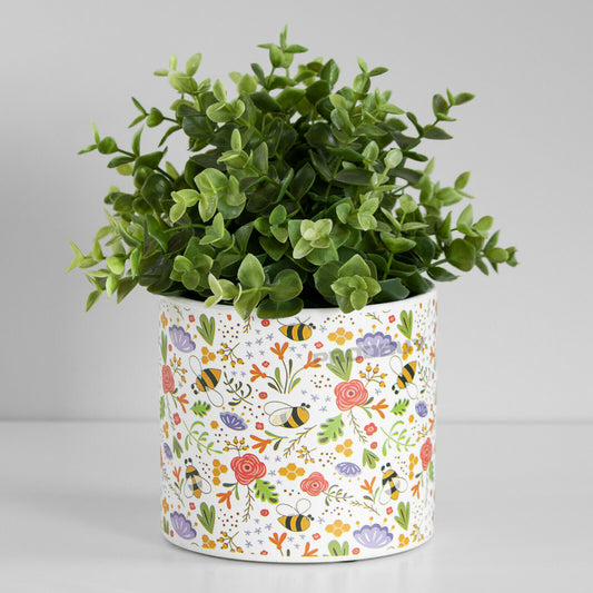 Floral Bees 13.6cm Plant Pot Medium White Ceramic Indoor Cover