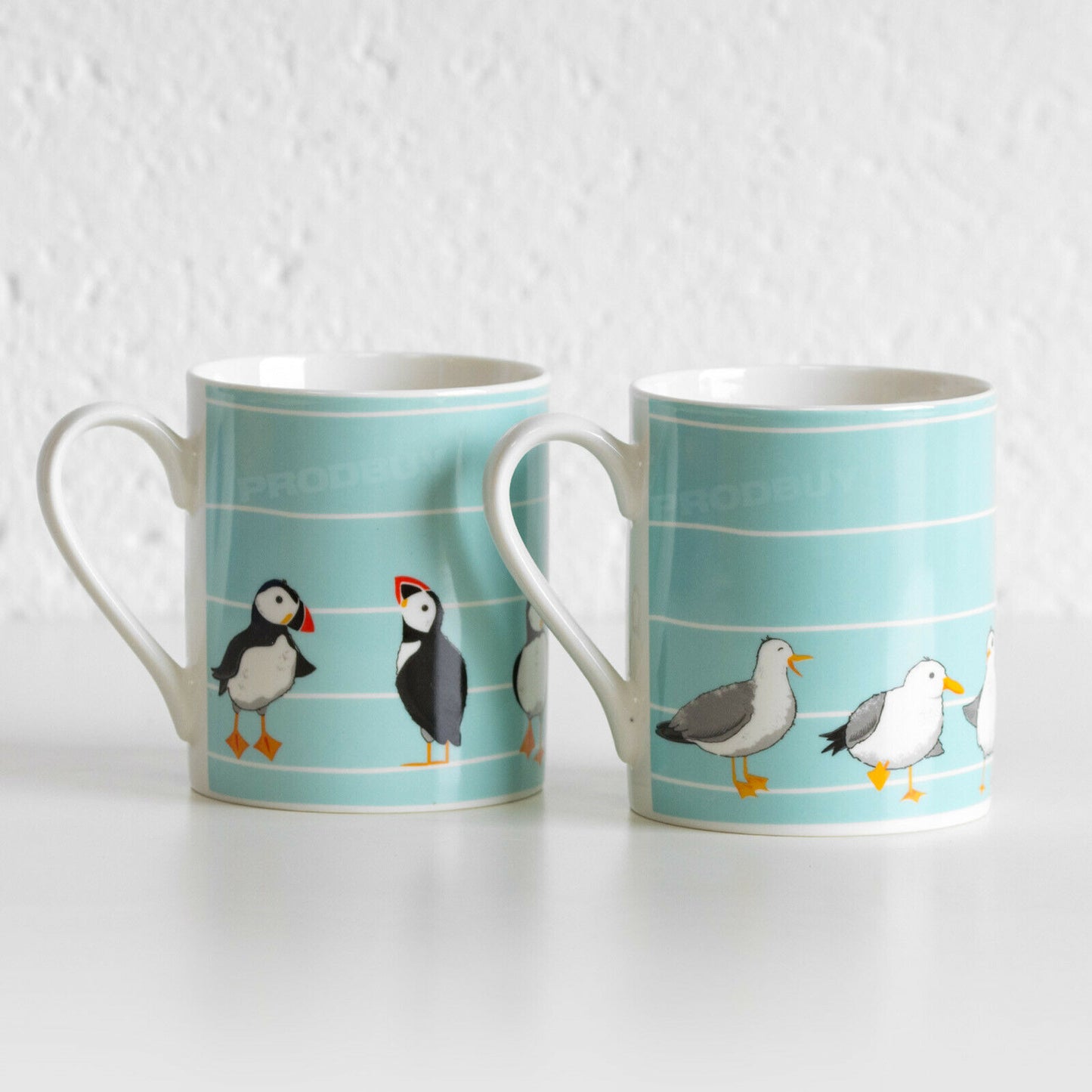 Set of 2 Bird Themed Mugs 12oz Blue Puffin Seagull Fine China