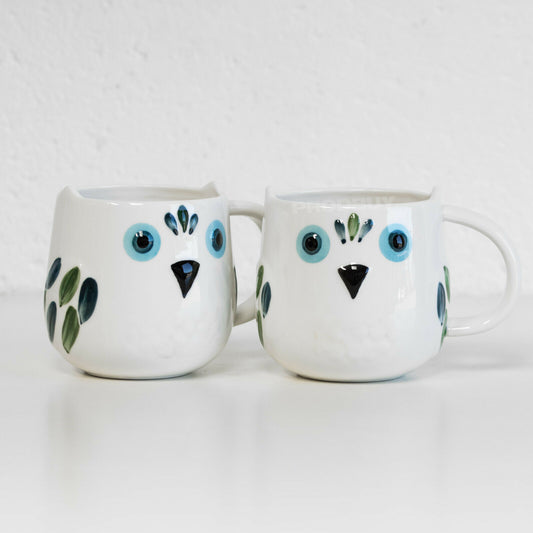 Set of 2 Large 400ml White Owl Bird Shaped Mugs