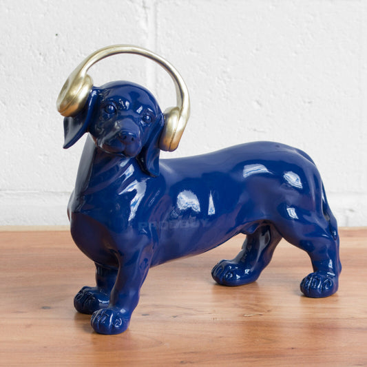 Dark Blue Sausage Dog with Headphones Ornament