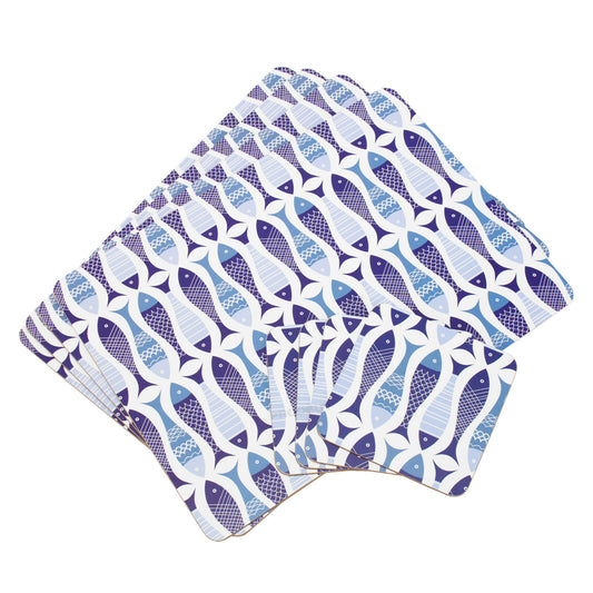 Set of 4 Placemats & 4 Coasters White & Blue Fish