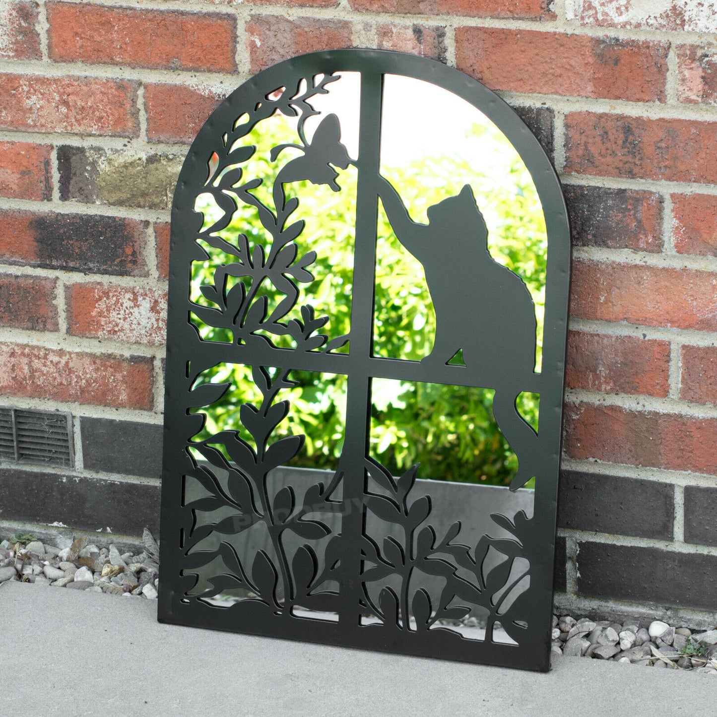 Cat 60cm Arch Black Metal Garden Mirror