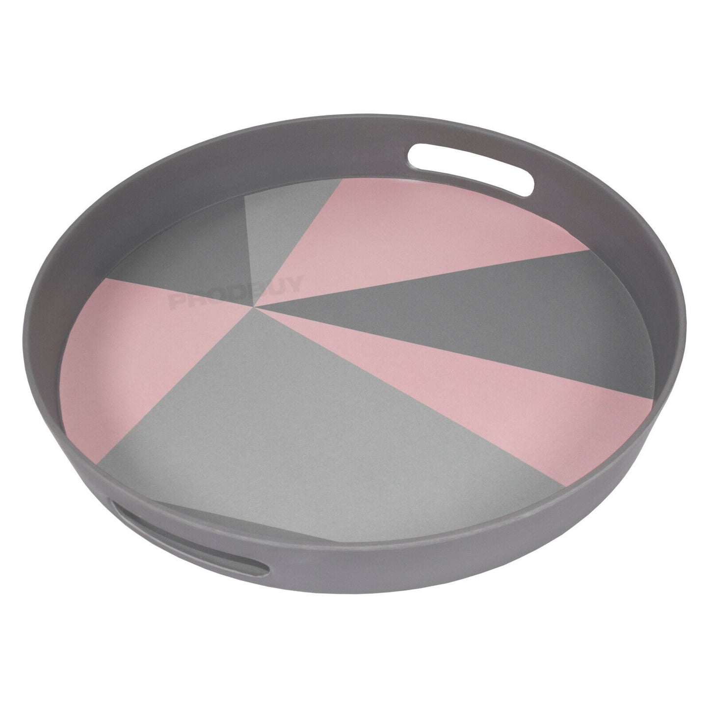 Round Grey & Pink Handled Bamboo Serving Tray