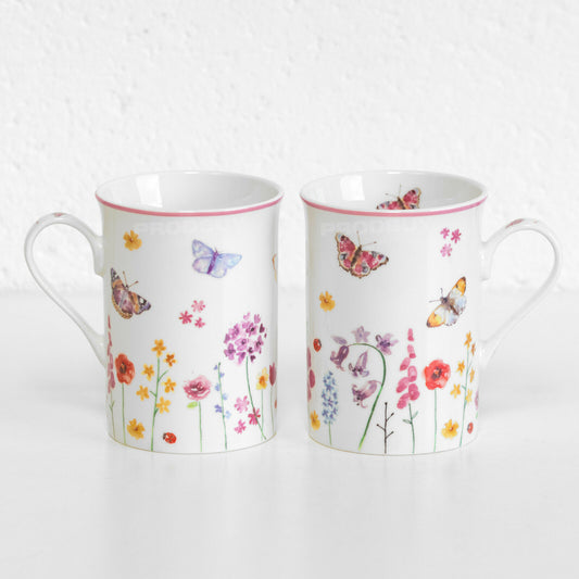 Set of 2 White Butterfly Floral Coffee Mugs