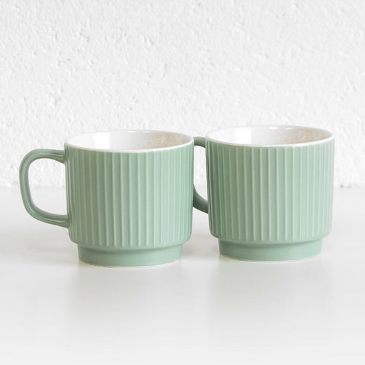 Set of 2 Sage Green Embossed Lines Mugs