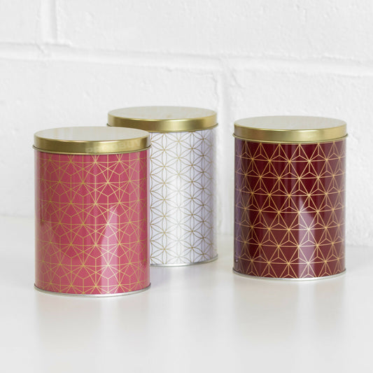 Set of 3 Geometric Storage Canisters Tea Coffee Sugar Red White Gold