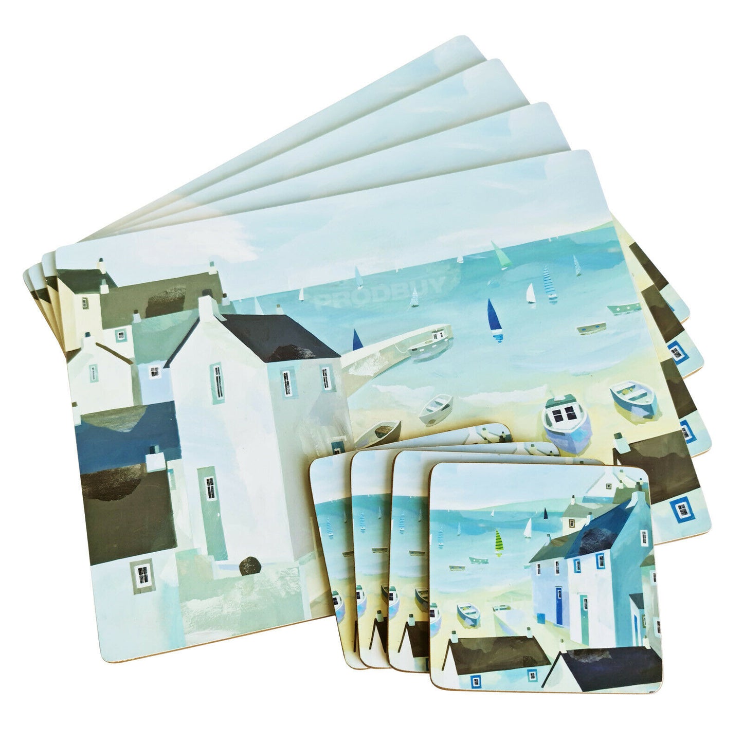 Set of 4 Placemats & 4 Coasters Coastal Seaside Town