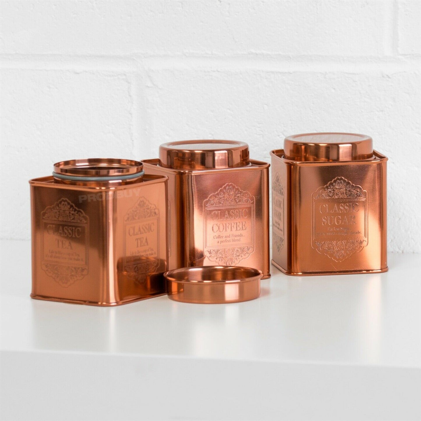 Copper Coloured Tea Coffee Sugar Canisters Storage Jars Set