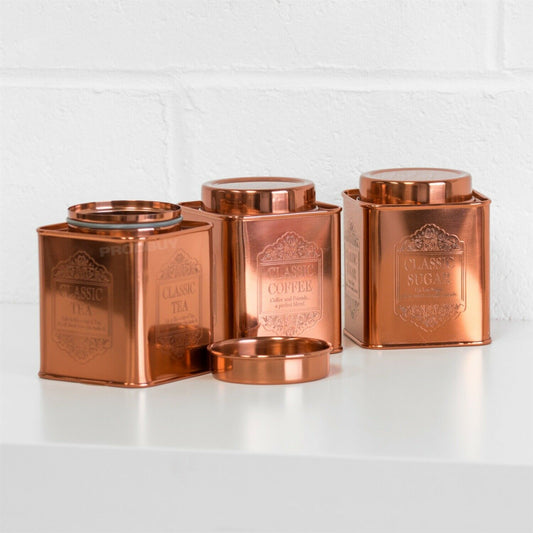 Copper Coloured Tea Coffee Sugar Canisters Storage Jars Set