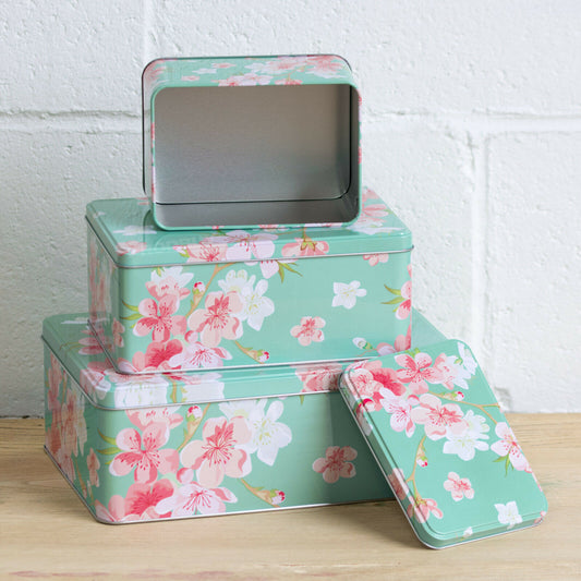 Set of 3 Rectangular Cake Storage Tins Flower Design