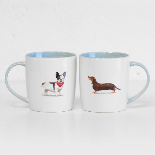 Set 2 White & Blue Dog Coffee Mugs