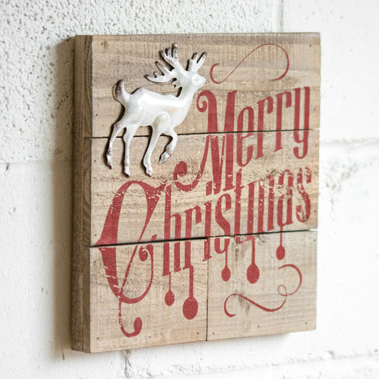 Wooden 'Merry Christmas' White Reindeer Wall Sign