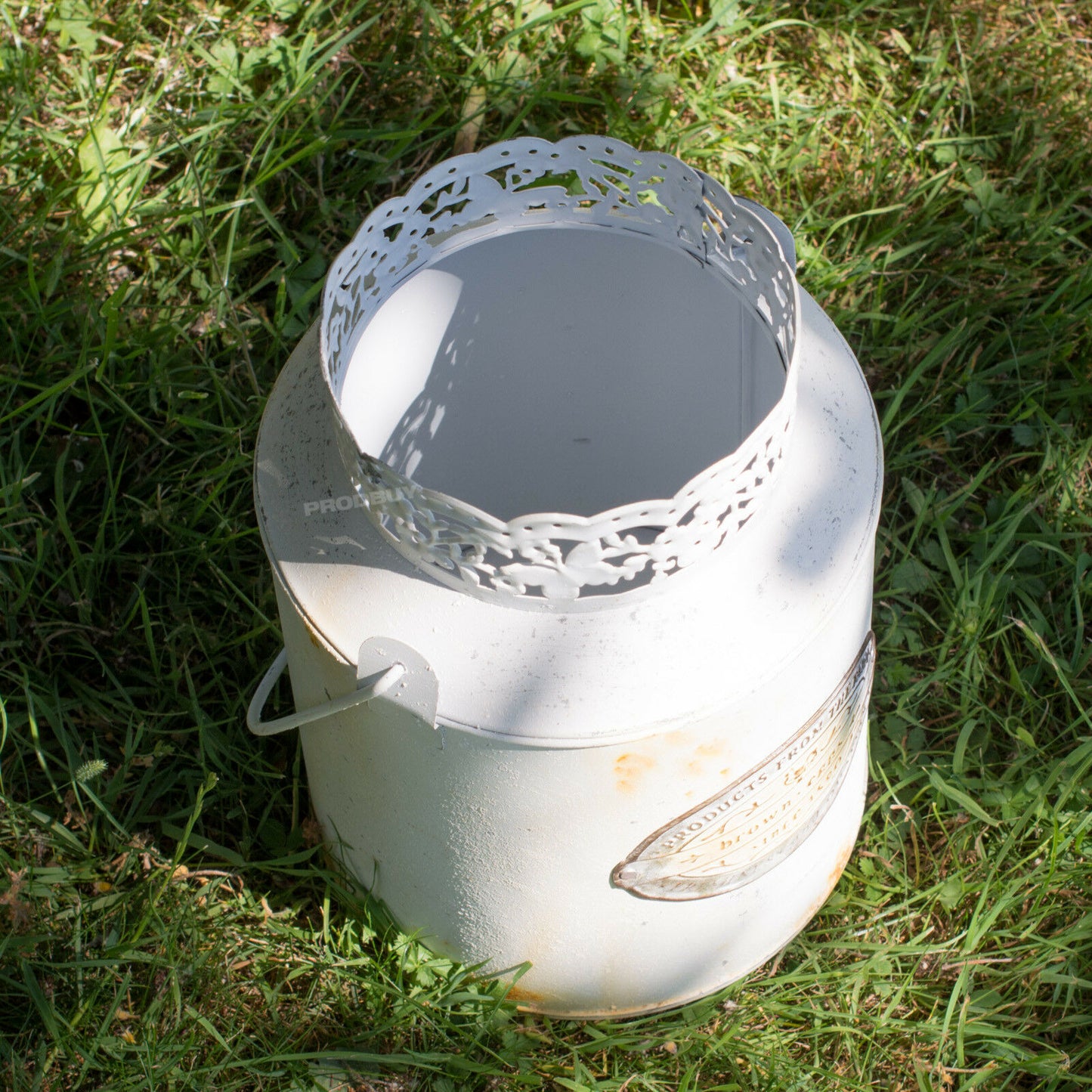 White "Brown Eggs" Milk Churn Tall Metal Flower Jug Vase