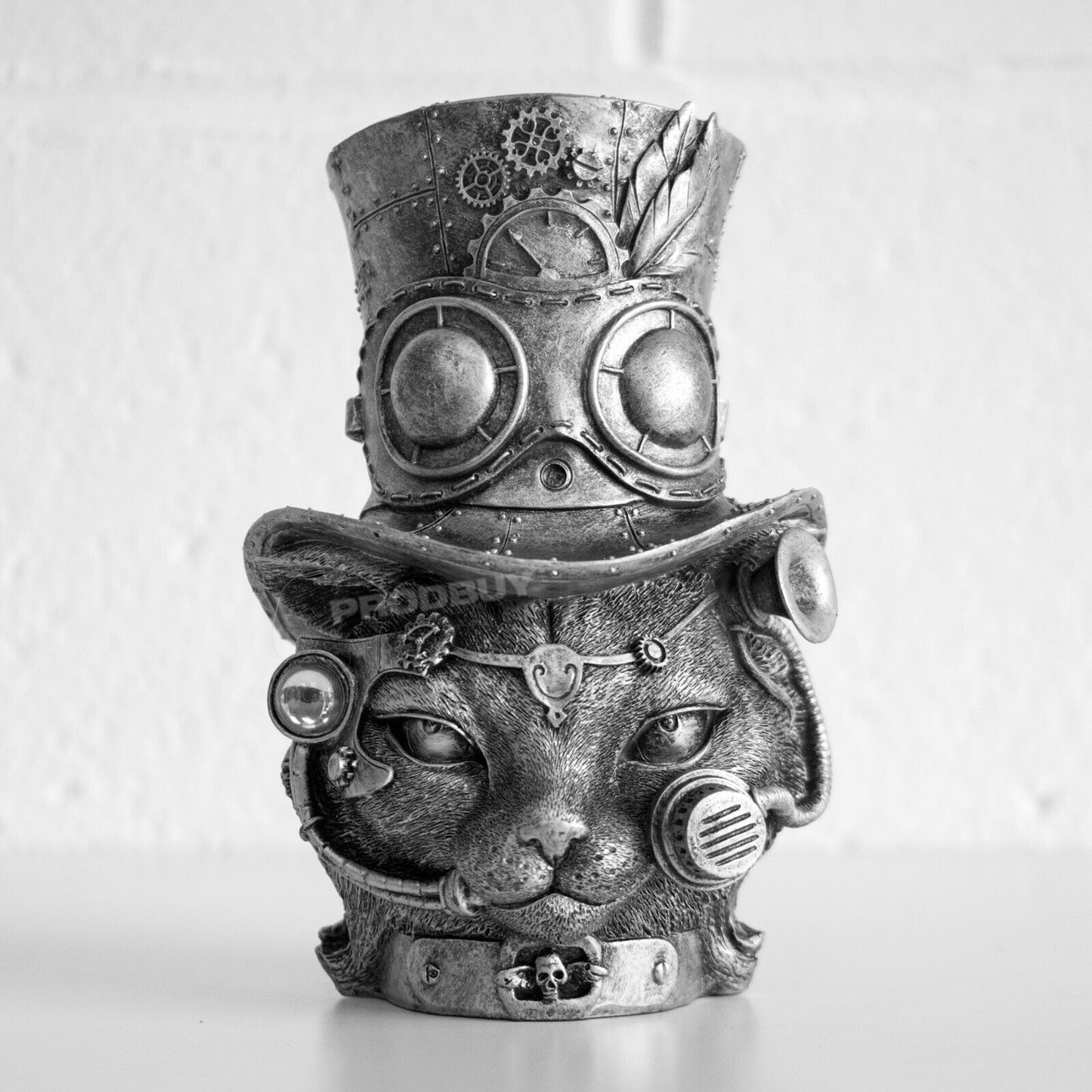 Steampunk Cat Head in Top Hat Ornament Vintage Silver Colour Statue