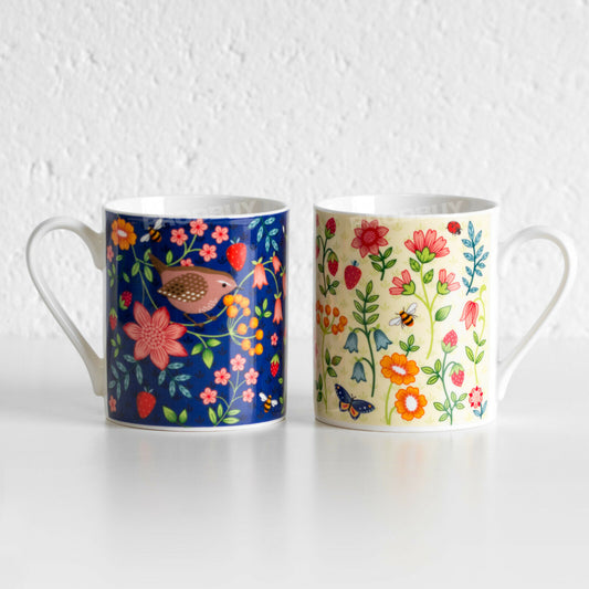 Set of 2 Wild Floral Bird Coffee Mugs