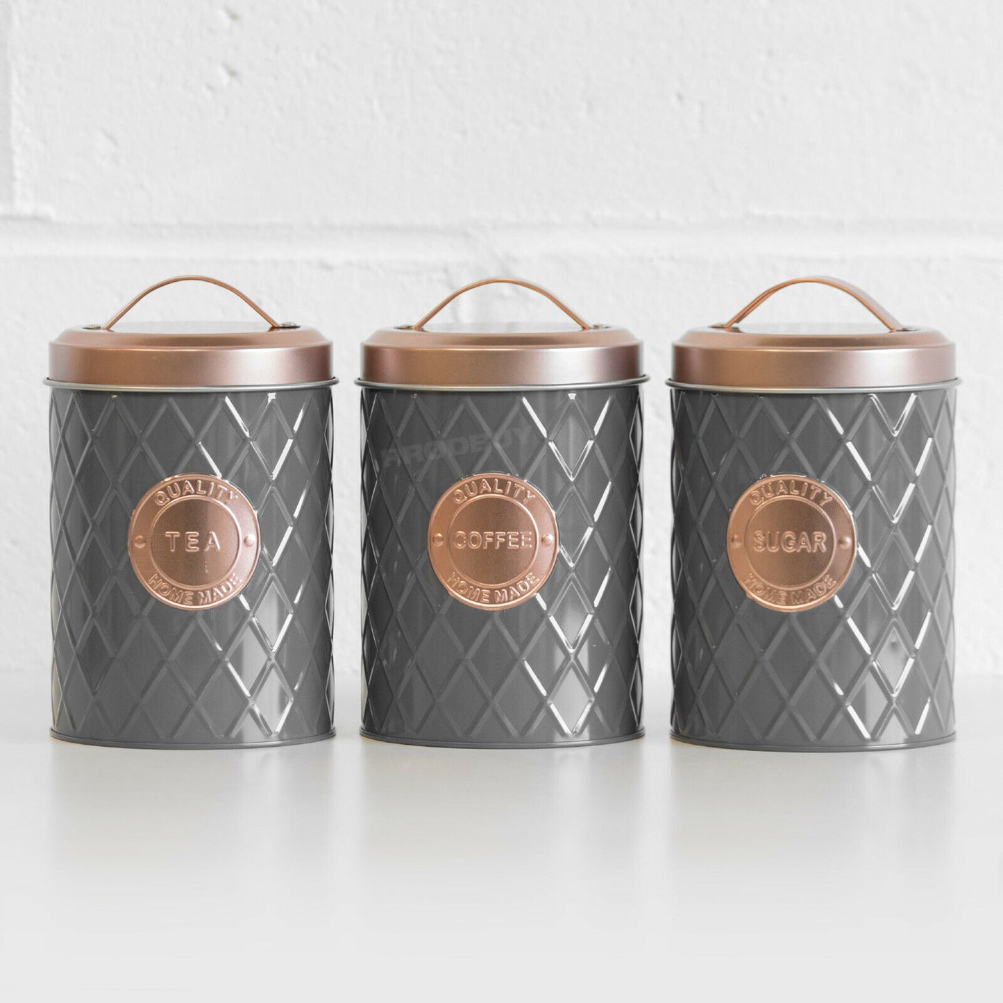 Tea Coffee Sugar Canisters Grey & Copper 17cm Tall