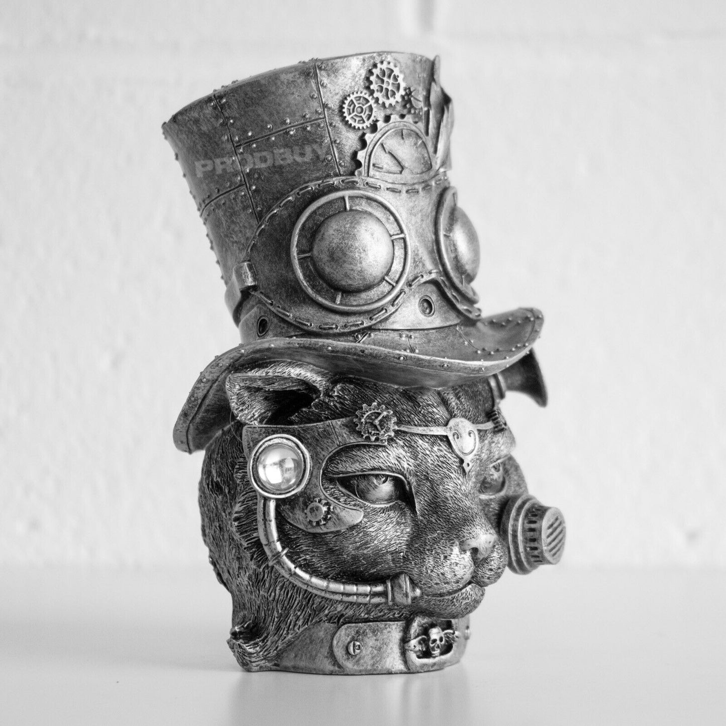 Steampunk Cat Head in Top Hat Ornament Vintage Silver Colour Statue