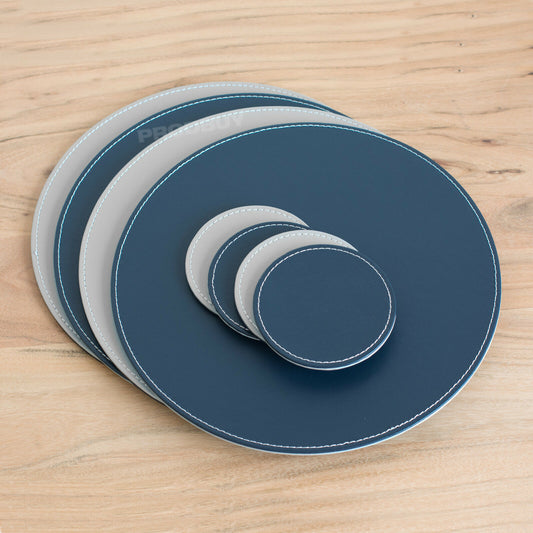 Navy & Grey Reversible Round 4 x Placemats & 4 x Coasters Set