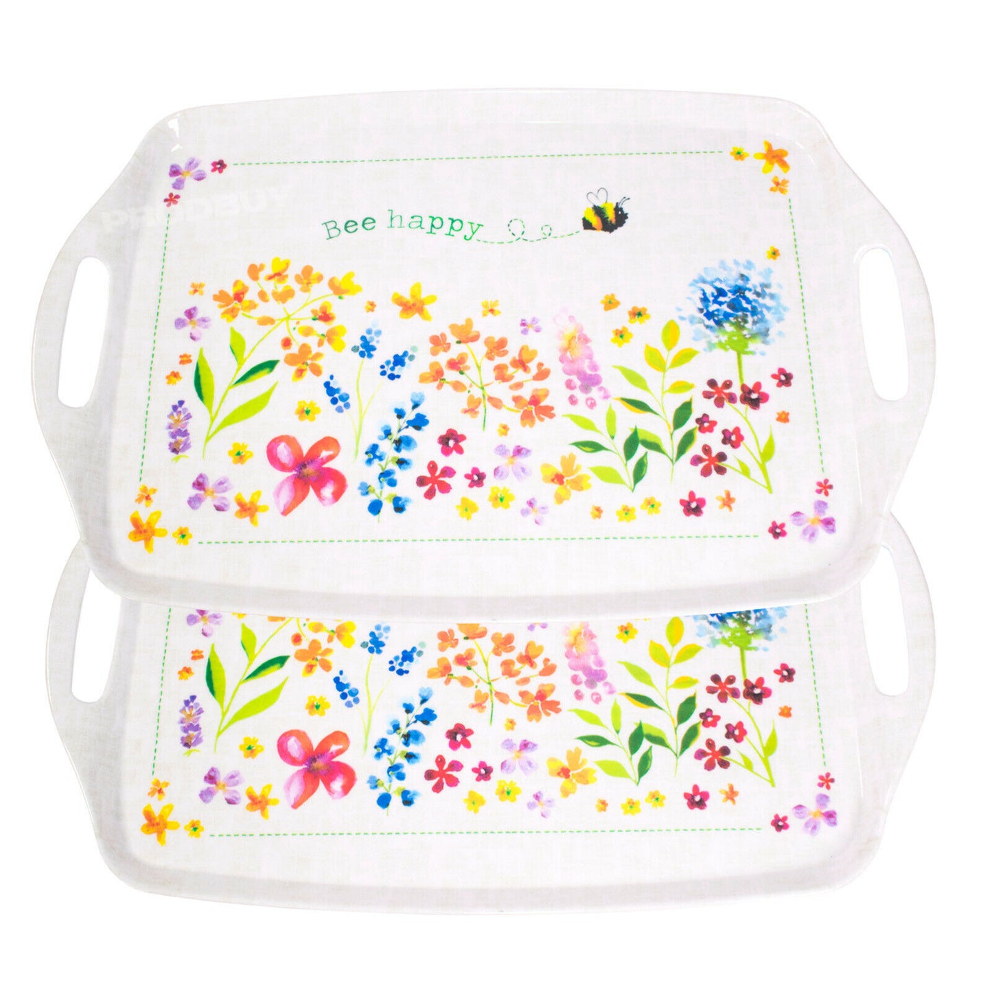 Set of 2 Bee Happy Melamine Handled Serving Trays