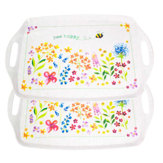 Set of 2 Bee Happy Melamine Handled Serving Trays