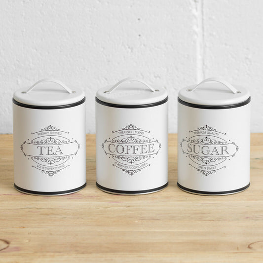 Black Band Off White Metal Tea Coffee Sugar Canisters Set