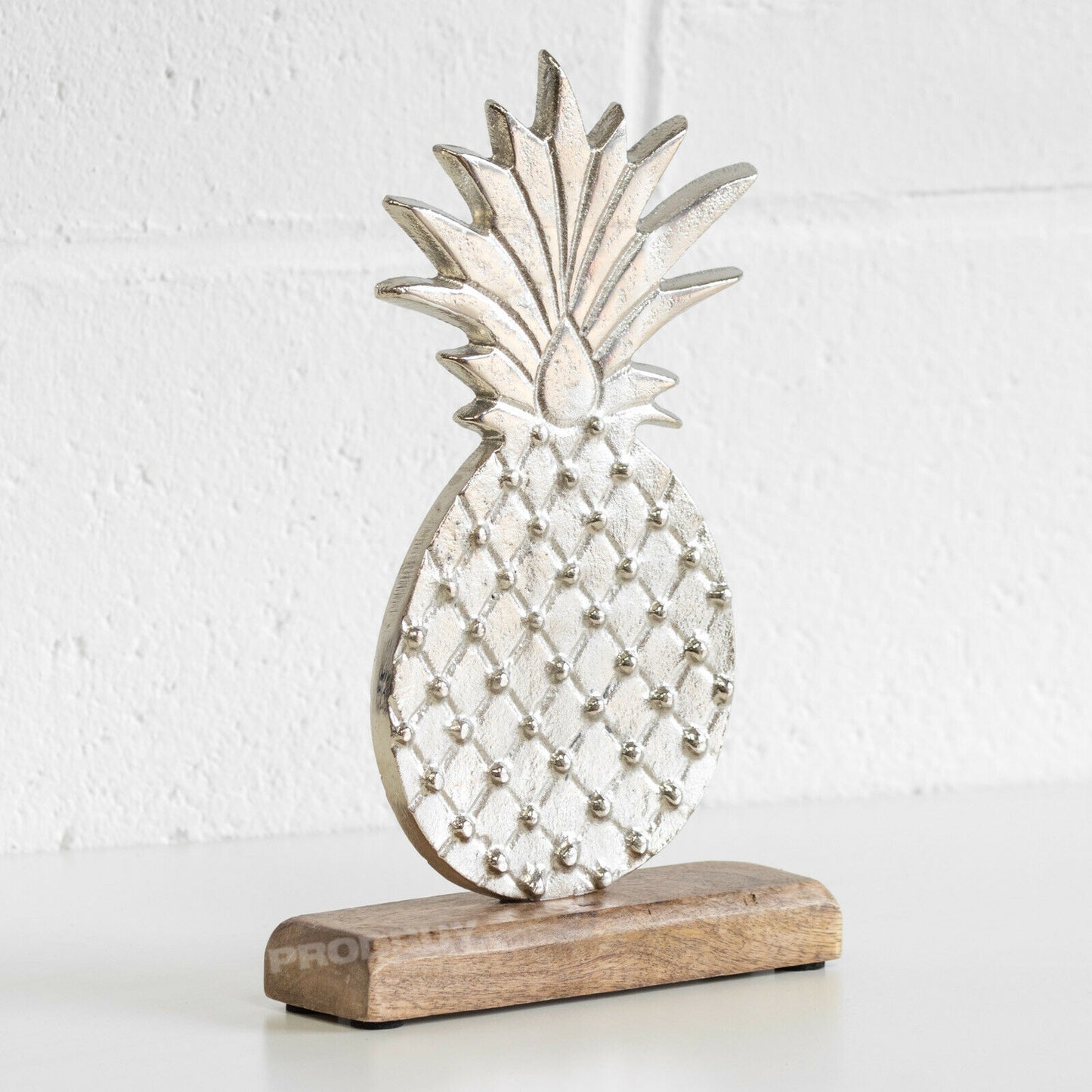 Silver Pineapple on Wooden Stand Decorative Ornament