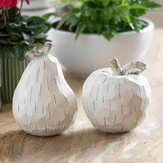 Apple & Pear Set Distressed White Wood Ornaments