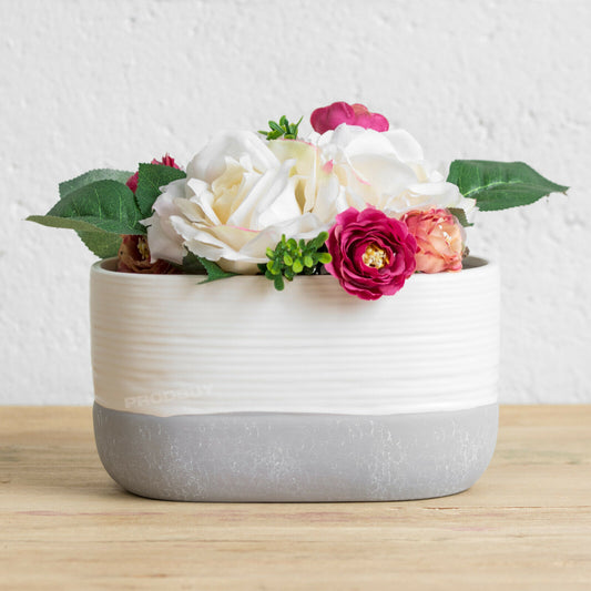 White & Grey 18cm Ceramic Herb Trough Plant Pot