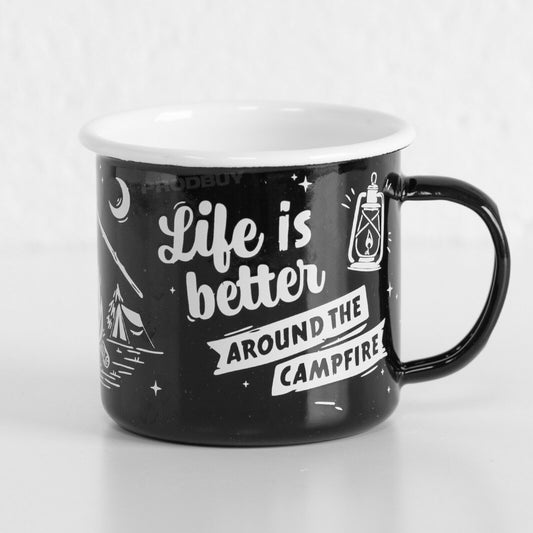 Black 'Life Is Better' Enamel Camping Coffee Mug