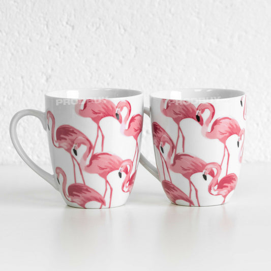 Set of 2 White & Pink Flamingo Coffee Mugs