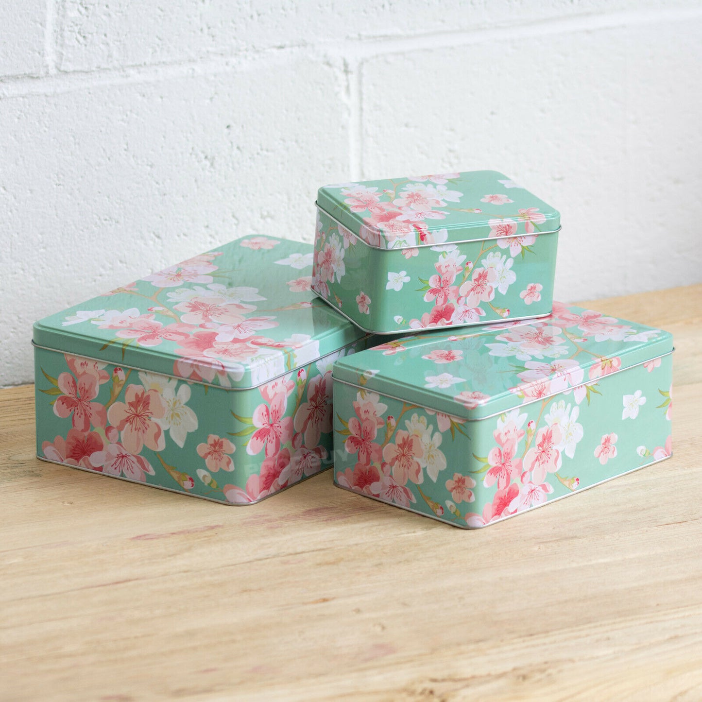 Set of 3 Rectangular Cake Storage Tins Flower Design