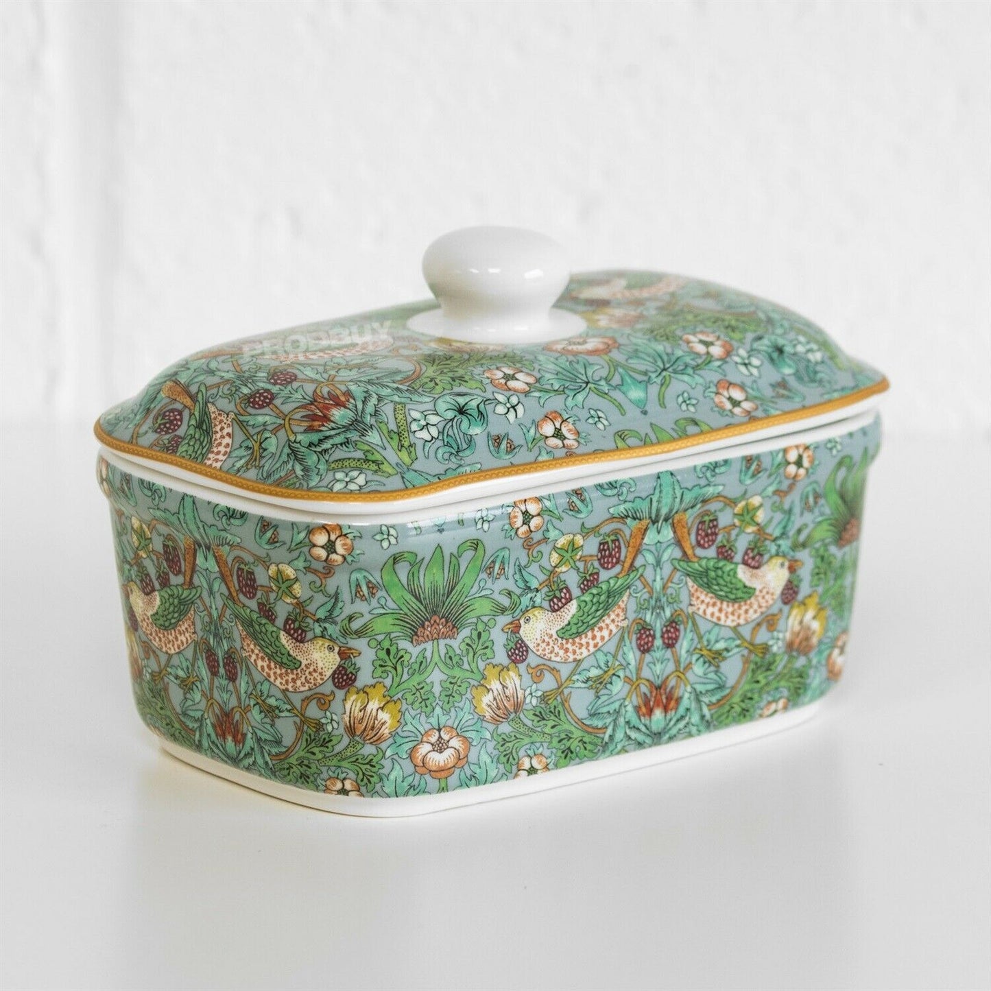 William Morris Teal Strawberry Thief Butter Dish