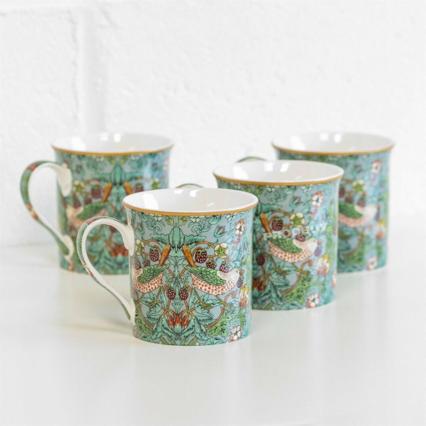 Set of 4 William Morris Teal Strawberry Thief Mugs