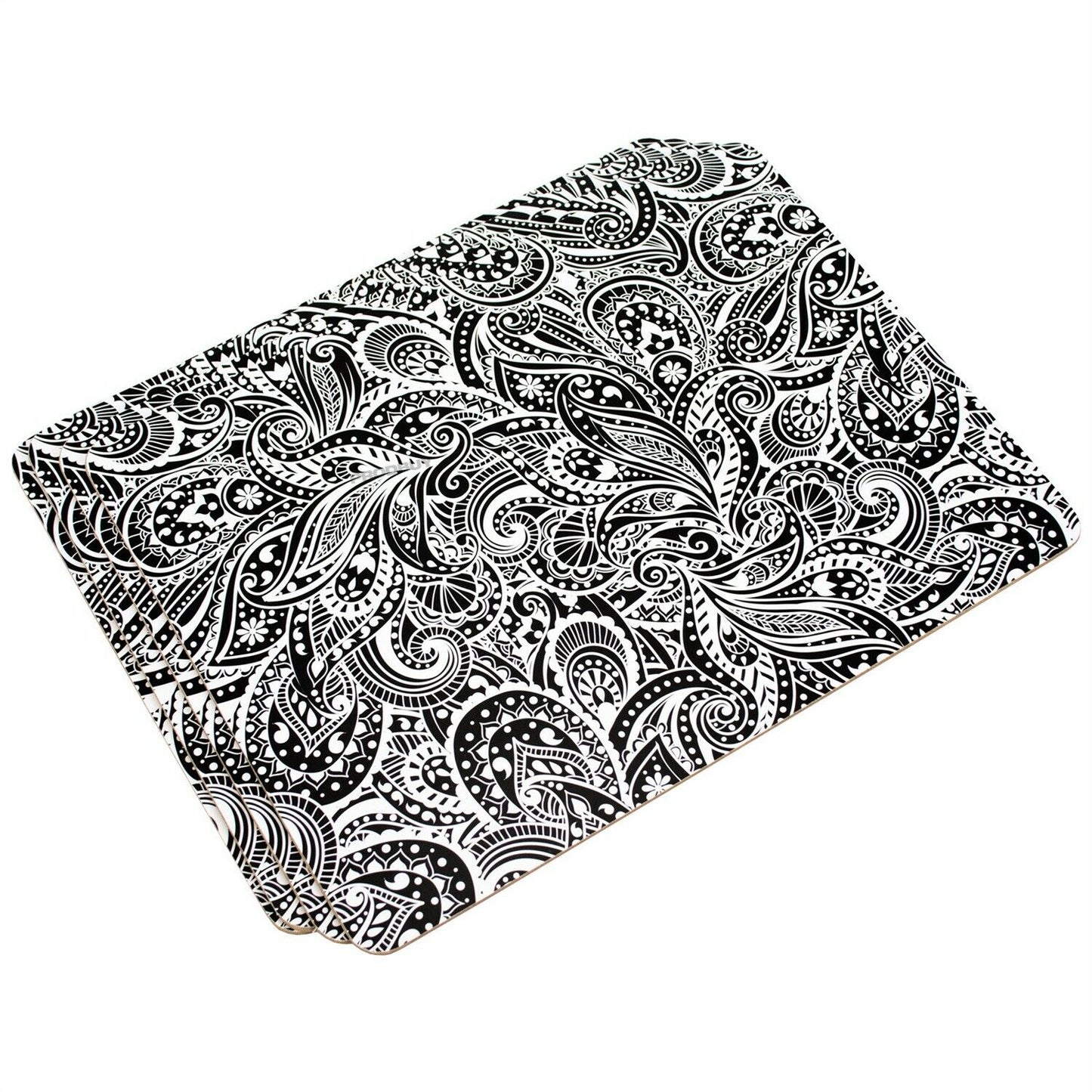 Set of 4 Placemats & 4 Coasters with Black & White Floral Design