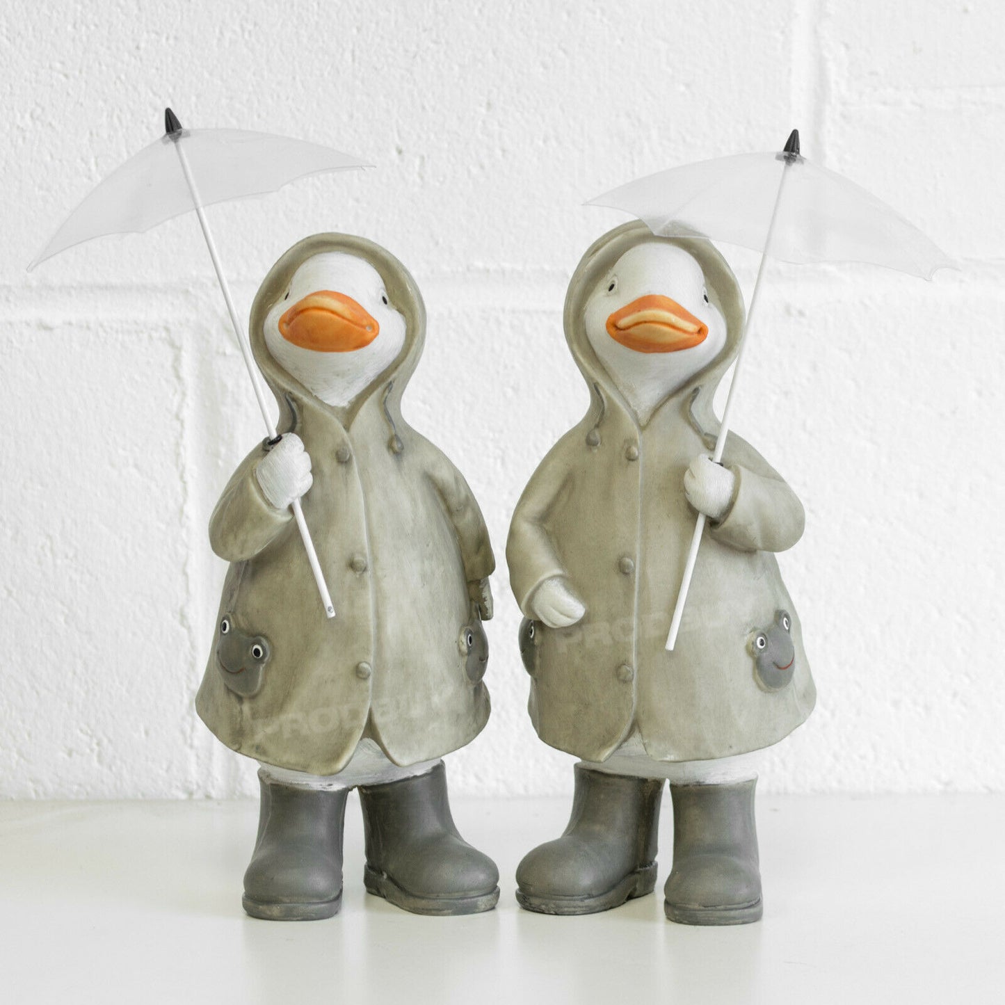 Set of 2 Ducks in Black Boots with Raincoats Umbrellas & Wellies