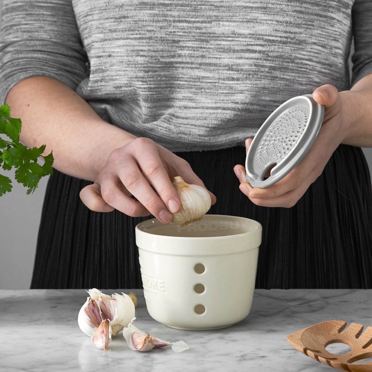 Garlic Store Glazed Ceramic Storage Pot With Grater Lid