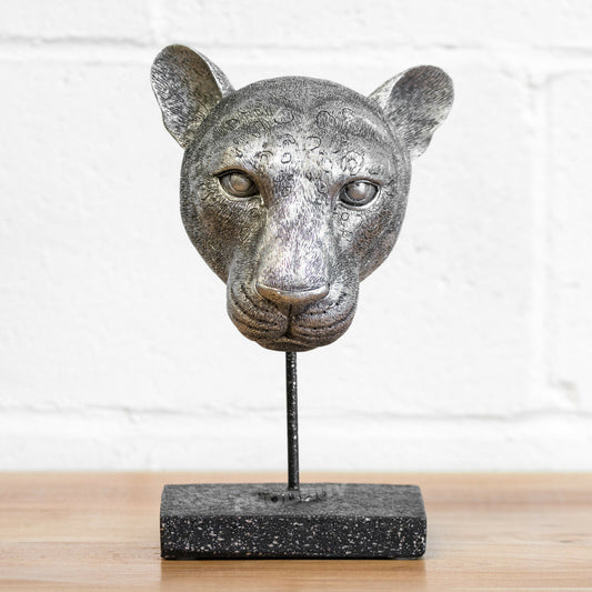 Leopard Head on Stand Ornament Silver 26.5cm