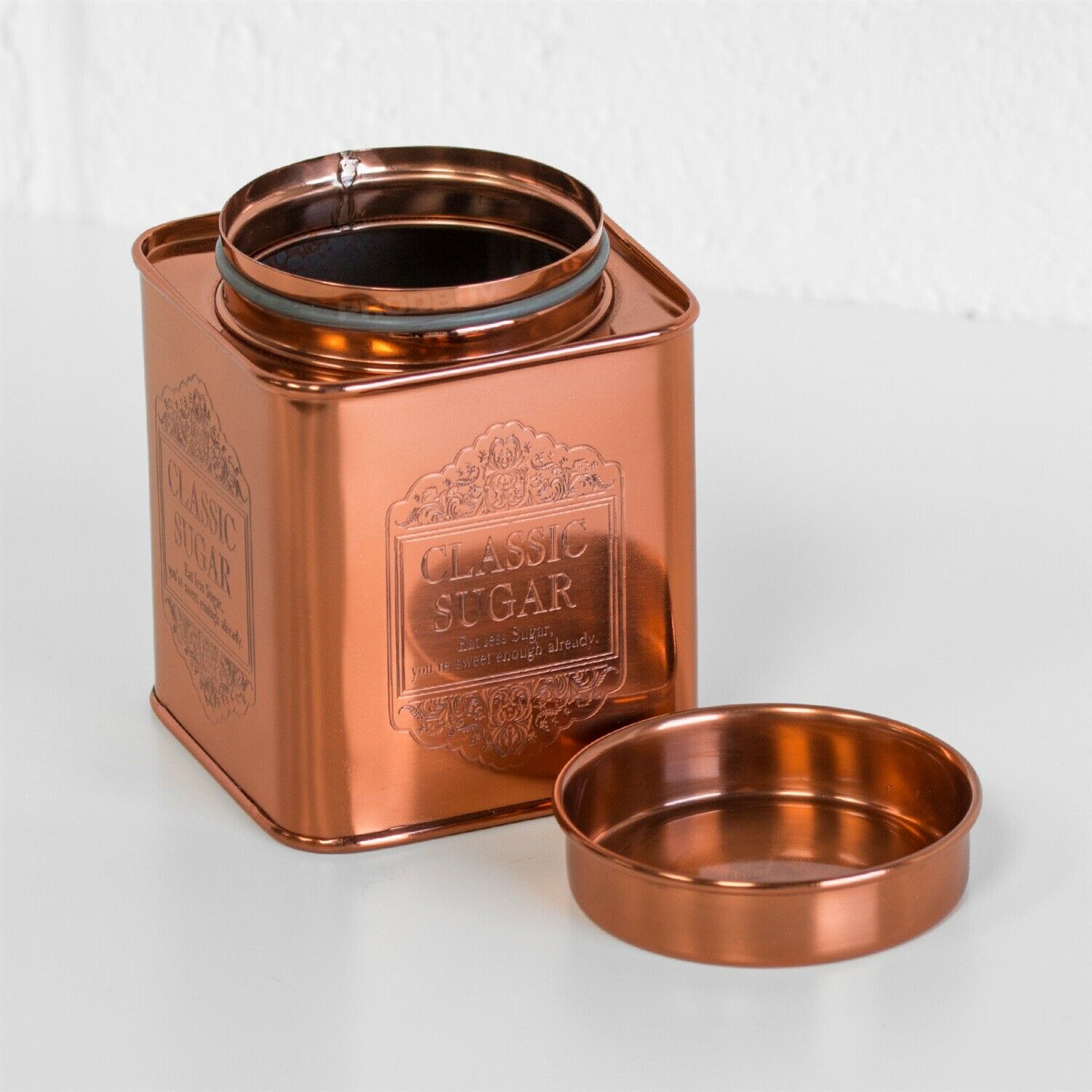 Copper coloured tea store coffee sugar jars