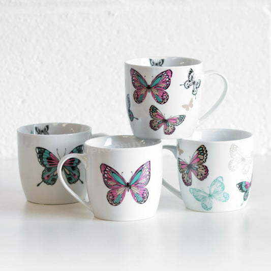 Set of 4 Mariposa Butterfly Mugs Porcelain Cups