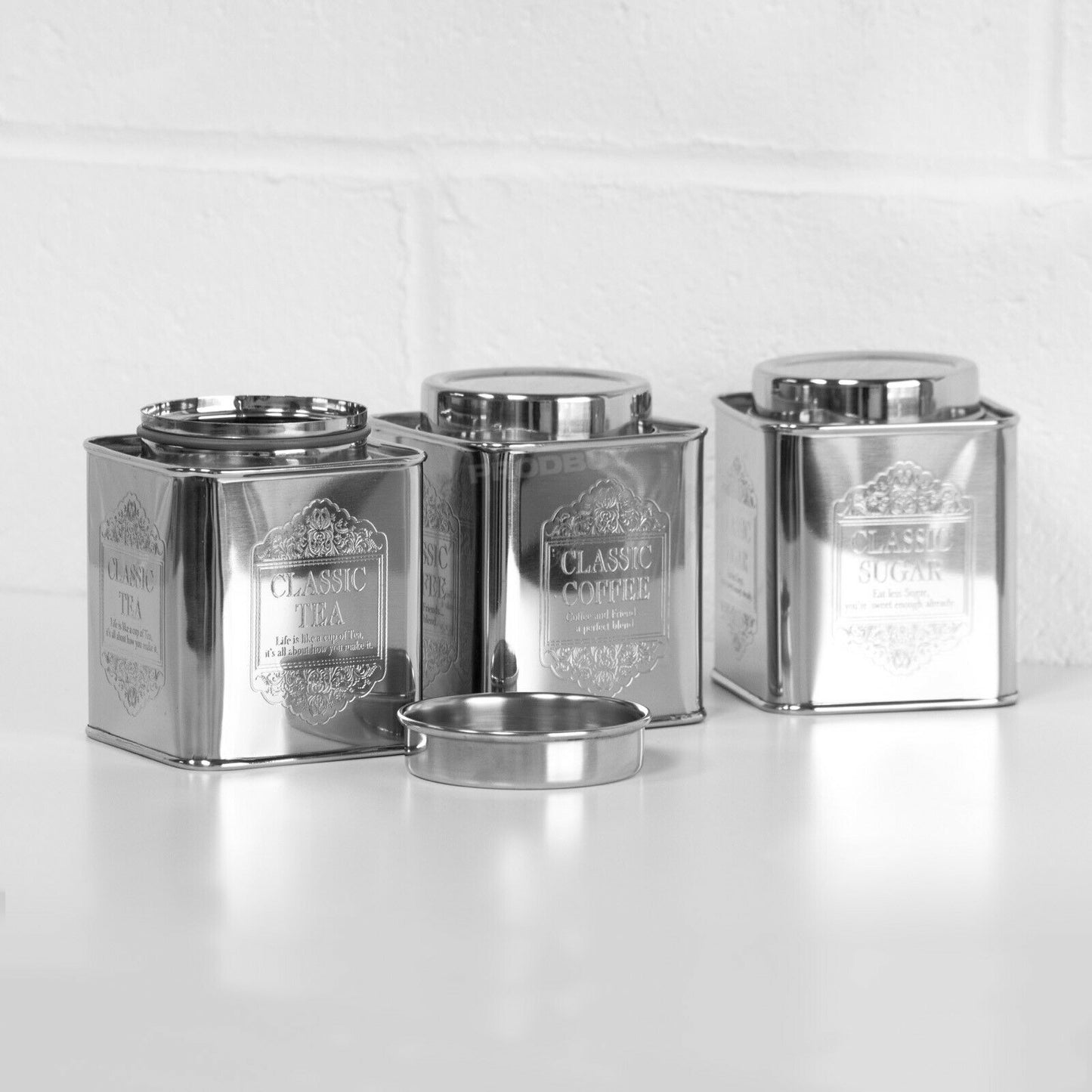 Silver Colour Classic Tea Coffee Sugar Metal Canisters Set