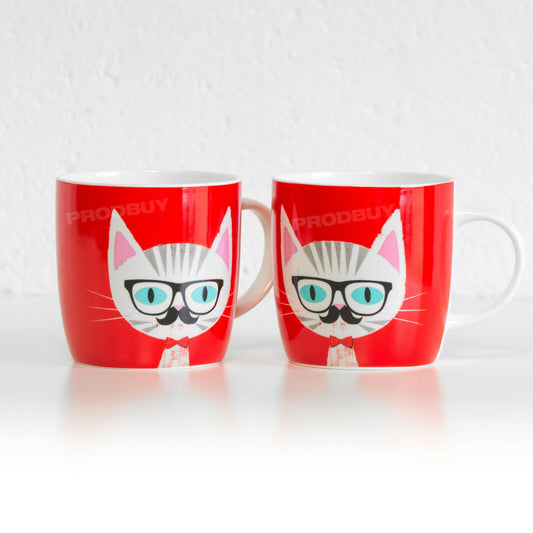 Set of 2 Red Cat with Glasses Coffee Mugs