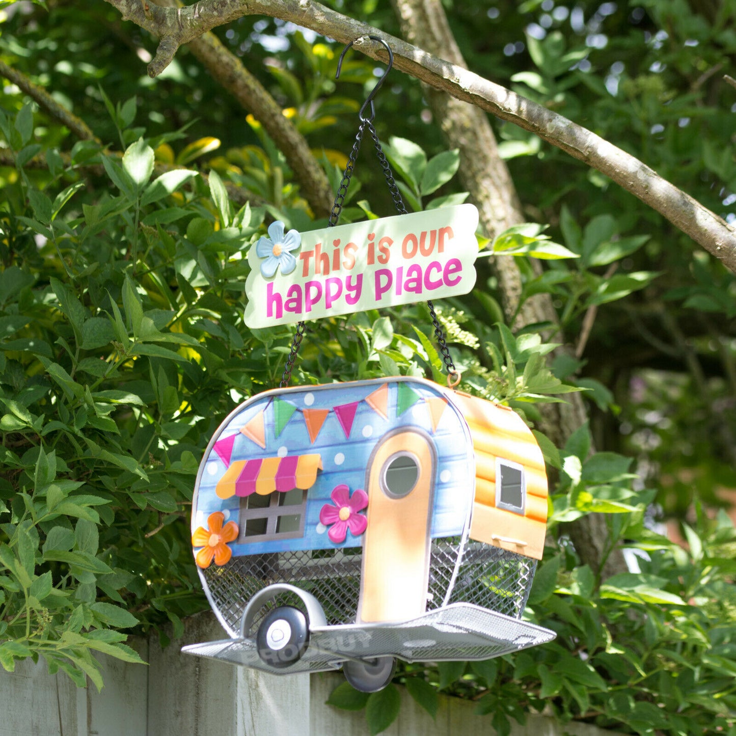 Happy Place Tree Hanging Caravan Bird Feeder Garden Nesting Box Orange Roof