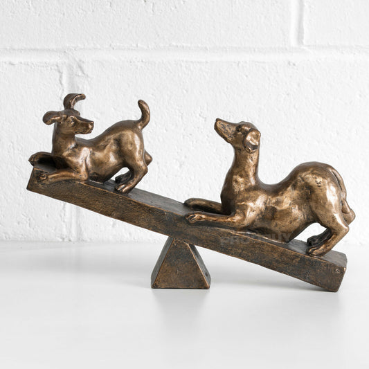 Dogs Playing On Seesaw Ornament Aged Bronze Colour