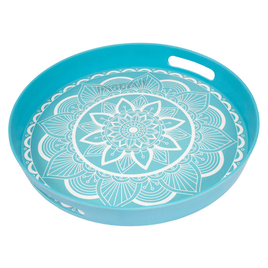 Round Blue Mandala Handled Cafe Serving Tray