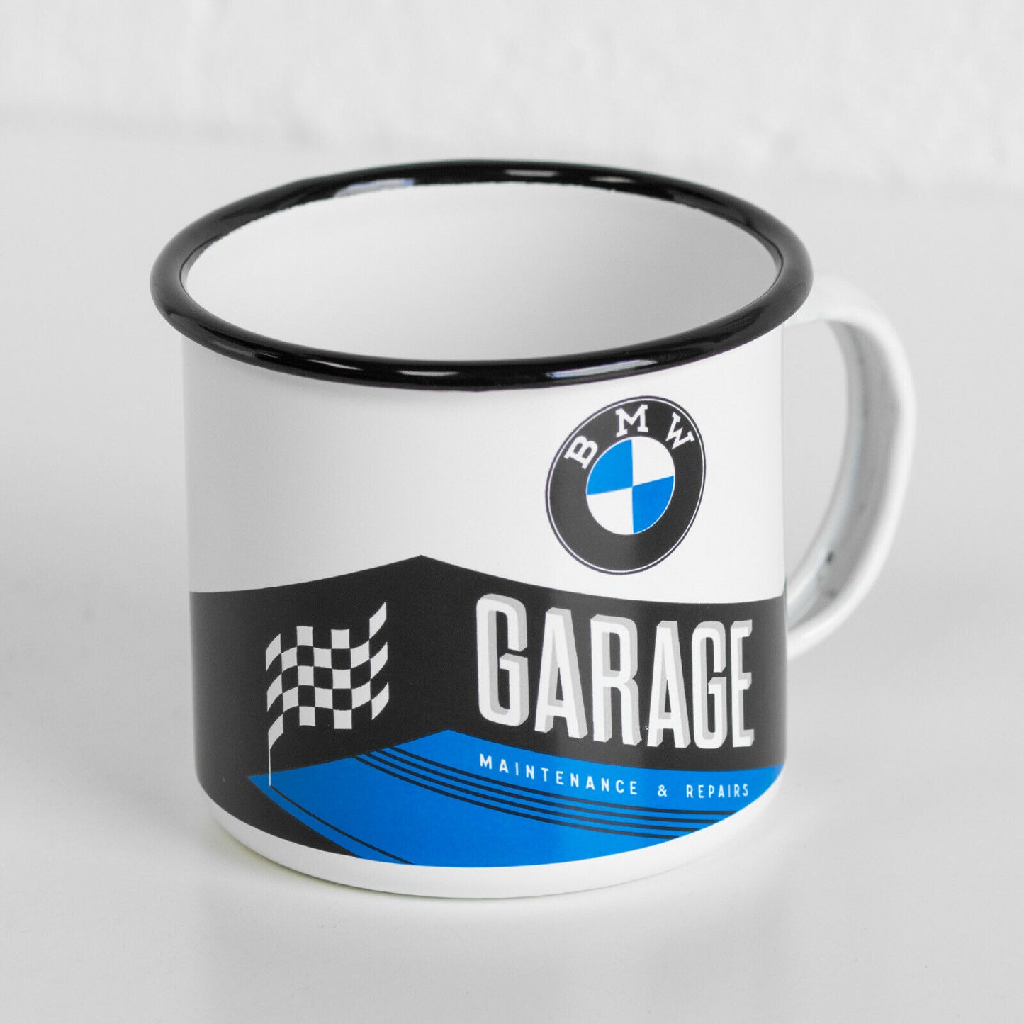 'BMW Garage' Enamel Coffee Mug