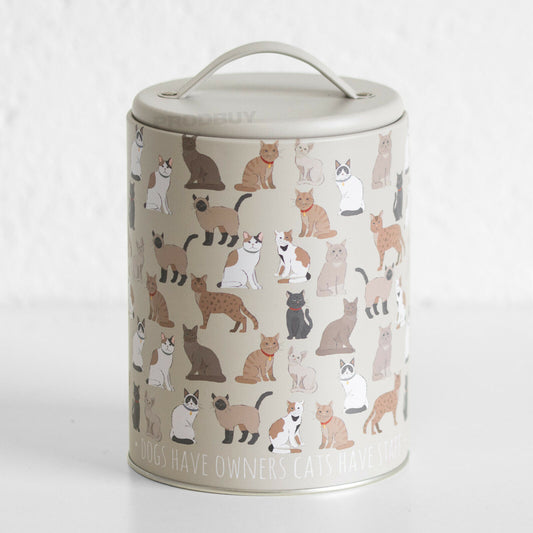 Small Grey Round Cat Treat Storage Tin Biscuit Barrel