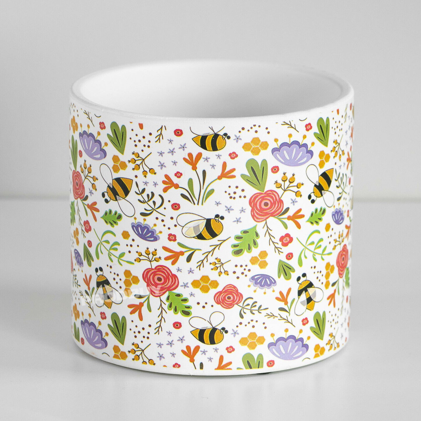 Floral Bees 13.6cm Plant Pot Medium White Ceramic Indoor Cover