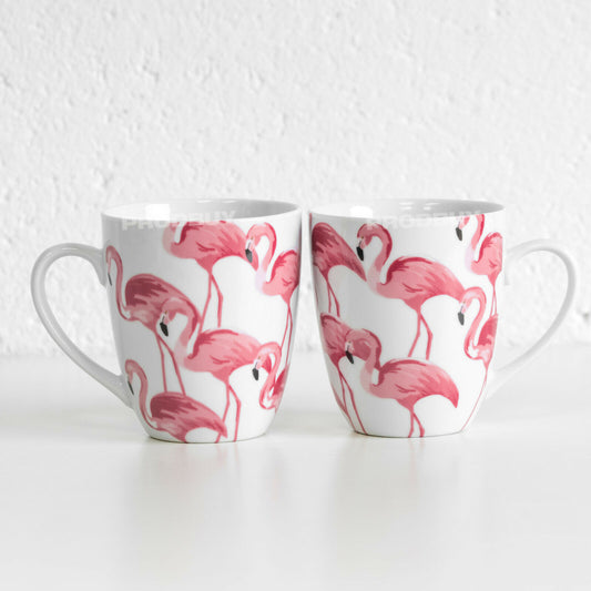 Set of 2 White & Pink Flamingo Coffee Mugs