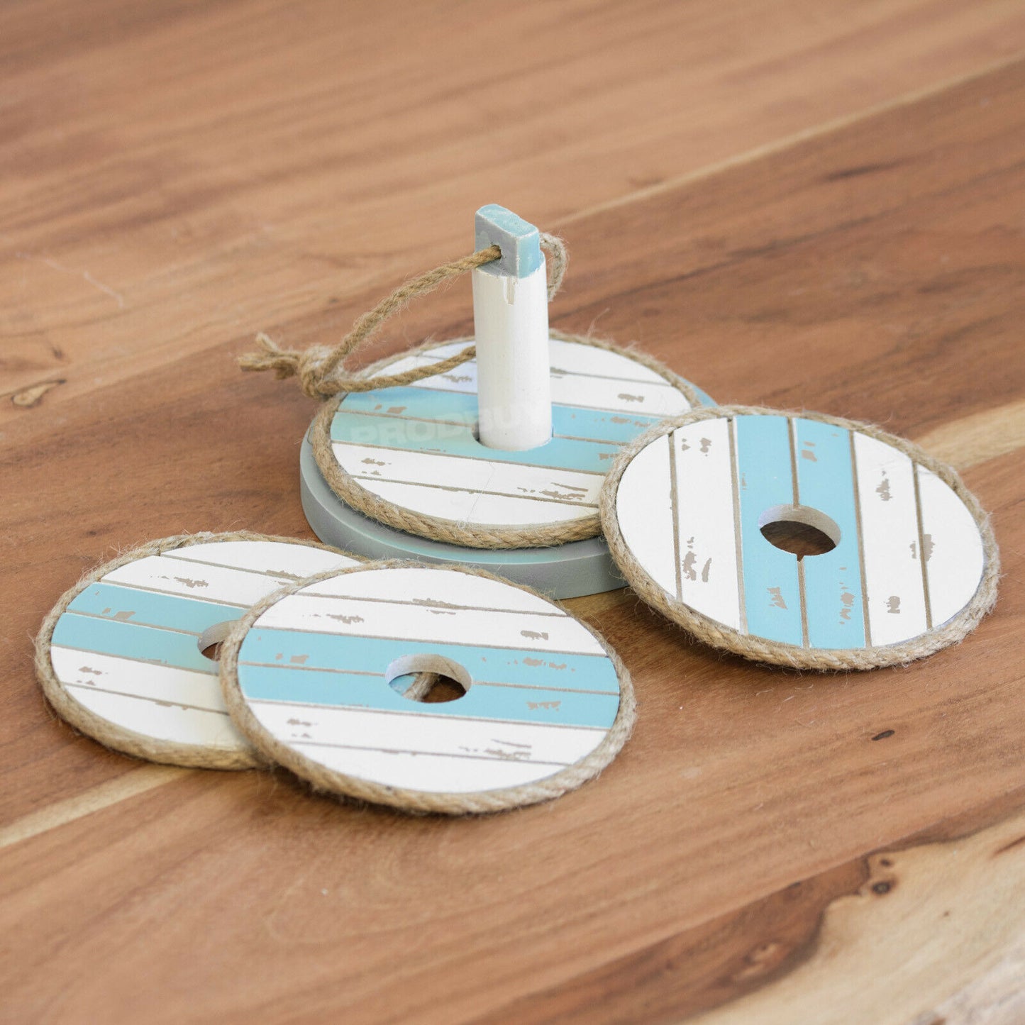 Set of 4 Wooden Seashore Coasters with Storage Holder